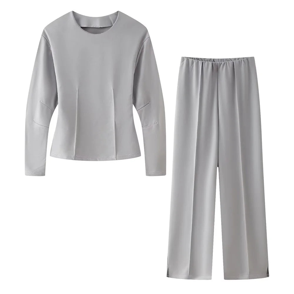 women's double-sided fabric round neck long sleeved top straight tube high waist elastic pants spring new casual set