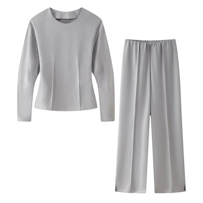 women's double-sided fabric round neck long sleeved top straight tube high waist elastic pants spring new casual set