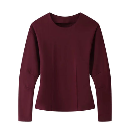 women's double-sided fabric round neck long sleeved top straight tube high waist elastic pants spring new casual set