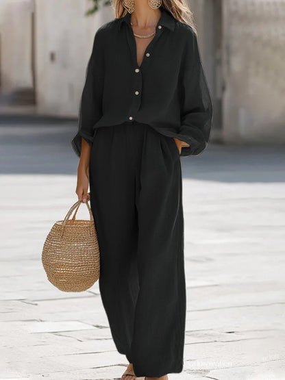 Simple Cotton Linen Women's Suits Summer Fashion Long Sleeve Loose Blouse Wide Leg Pants Two Piece Set For Women Casual Outfits