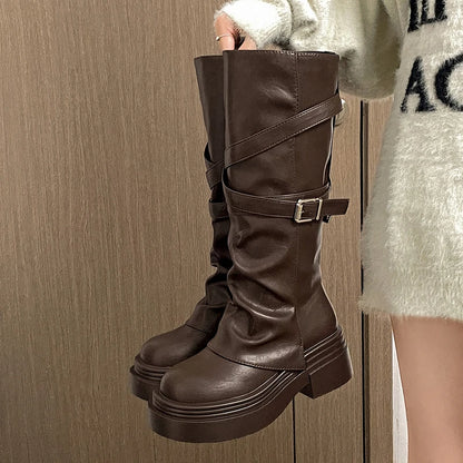 Vintage Thick Heel Women Knight Long Boots Fashion Slip On Knee High Booties Autumn Winter Shoes Zapatos De Mujer
