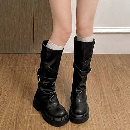 Vintage Thick Heel Women Knight Long Boots Fashion Slip On Knee High Booties Autumn Winter Shoes Zapatos De Mujer