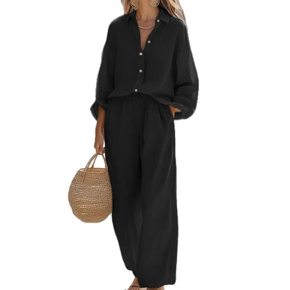 Simple Cotton Linen Women's Suits Summer Fashion Long Sleeve Loose Blouse Wide Leg Pants Two Piece Set For Women Casual Outfits