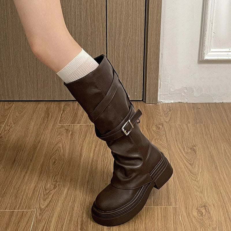 Vintage Thick Heel Women Knight Long Boots Fashion Slip On Knee High Booties Autumn Winter Shoes Zapatos De Mujer