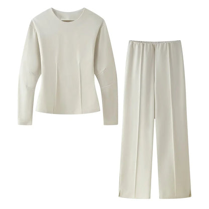 women's double-sided fabric round neck long sleeved top straight tube high waist elastic pants spring new casual set