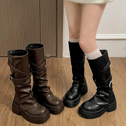 Vintage Thick Heel Women Knight Long Boots Fashion Slip On Knee High Booties Autumn Winter Shoes Zapatos De Mujer