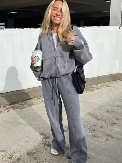 HH Women's Fall 2-Piece Retro Solid Color Zip Bomber Jacket Sweatshirt+High Waist Lace Up Women's Wide Leg Pants Street Wear