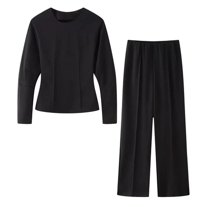 women's double-sided fabric round neck long sleeved top straight tube high waist elastic pants spring new casual set