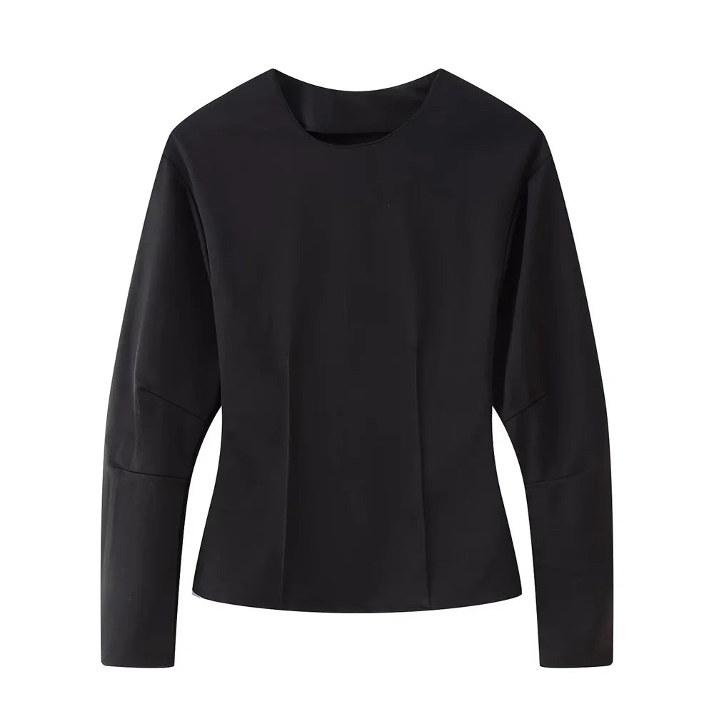 women's double-sided fabric round neck long sleeved top straight tube high waist elastic pants spring new casual set