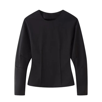 women's double-sided fabric round neck long sleeved top straight tube high waist elastic pants spring new casual set