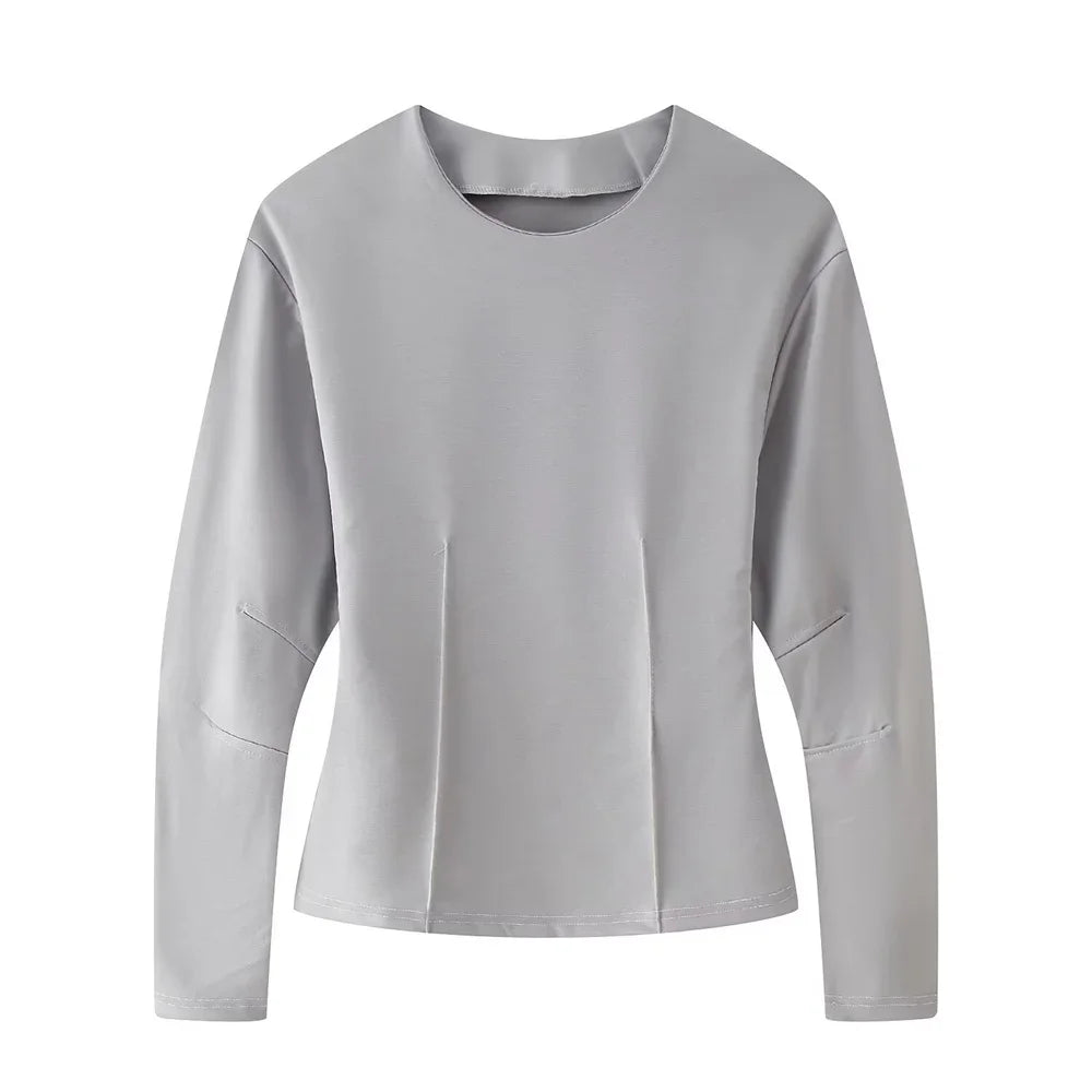 women's double-sided fabric round neck long sleeved top straight tube high waist elastic pants spring new casual set