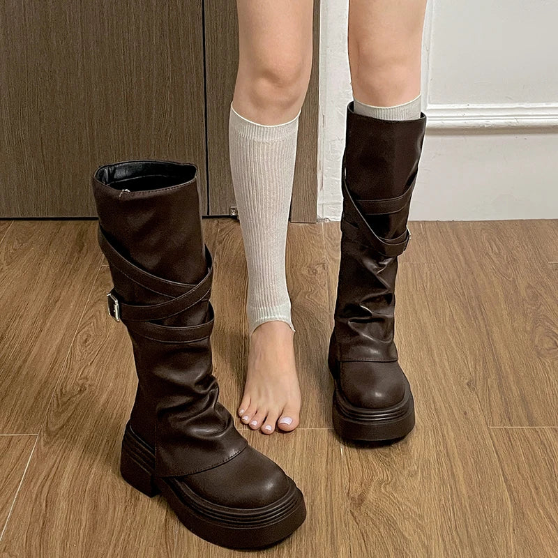 Vintage Thick Heel Women Knight Long Boots Fashion Slip On Knee High Booties Autumn Winter Shoes Zapatos De Mujer