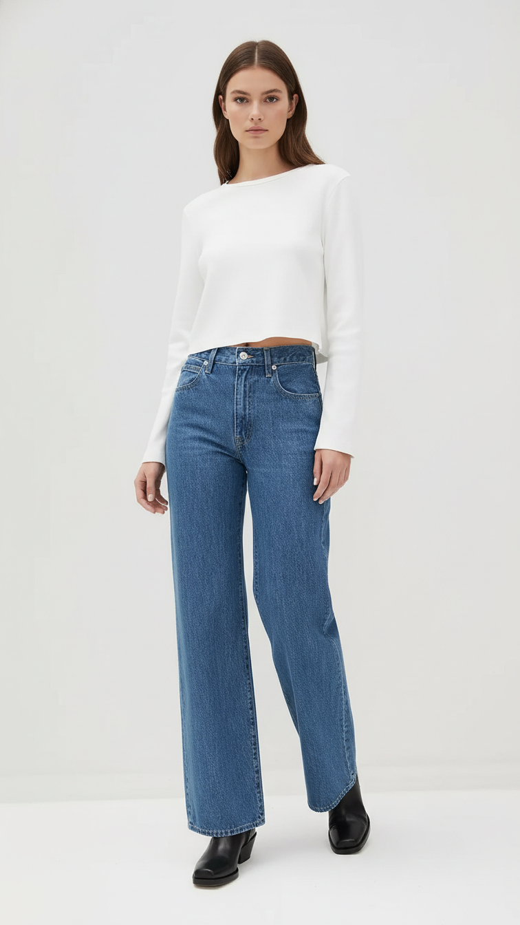 Casual Mid-Rise Denim Multi-Pocket Wide Leg Jeans