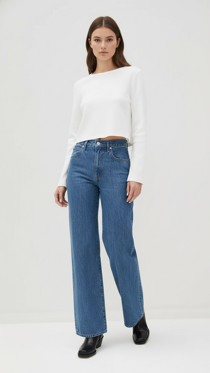Casual Mid-Rise Denim Multi-Pocket Wide Leg Jeans