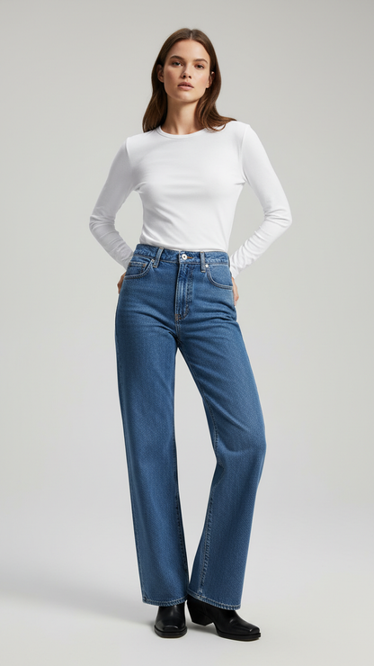 Casual Mid-Rise Denim Multi-Pocket Wide Leg Jeans